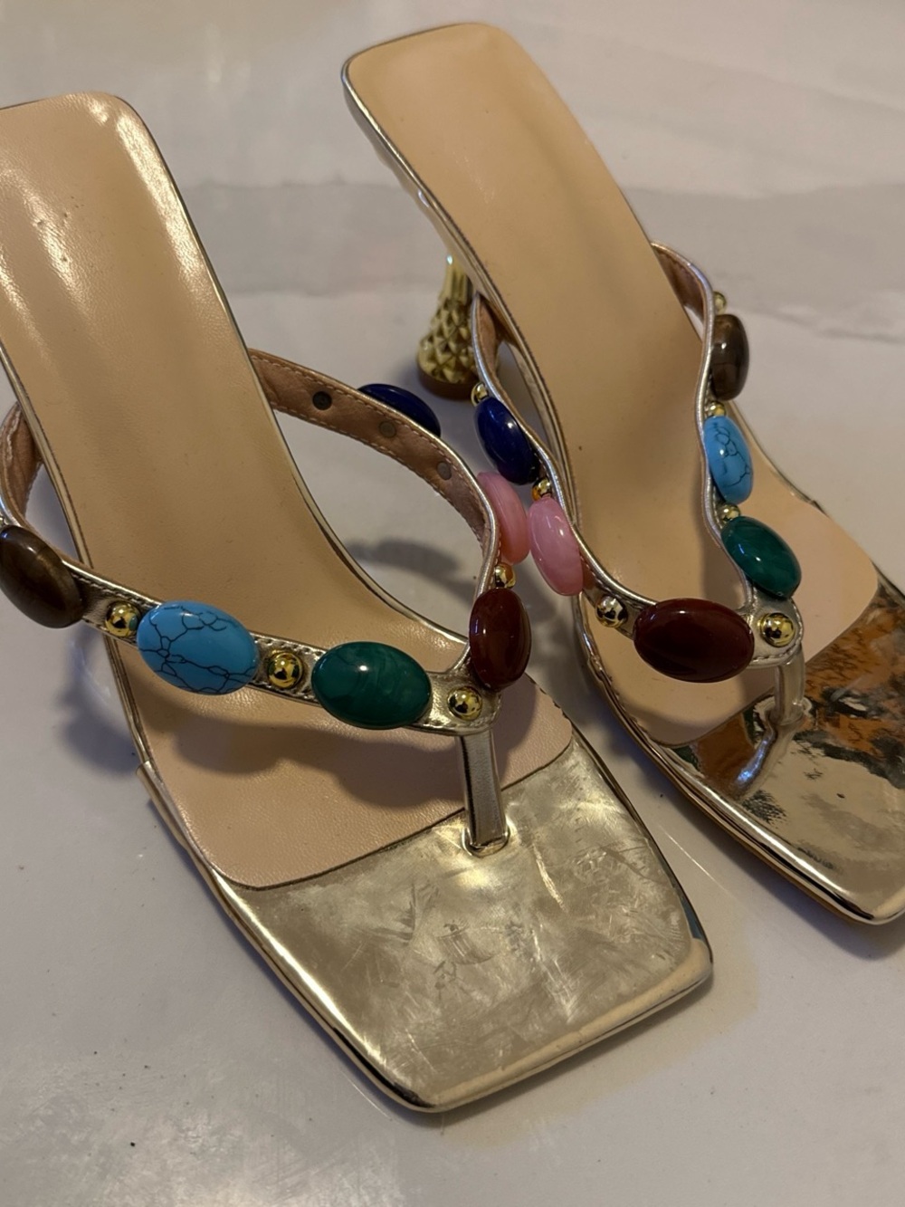 Gold Beaded Thong Sandals with Multicolor Stones